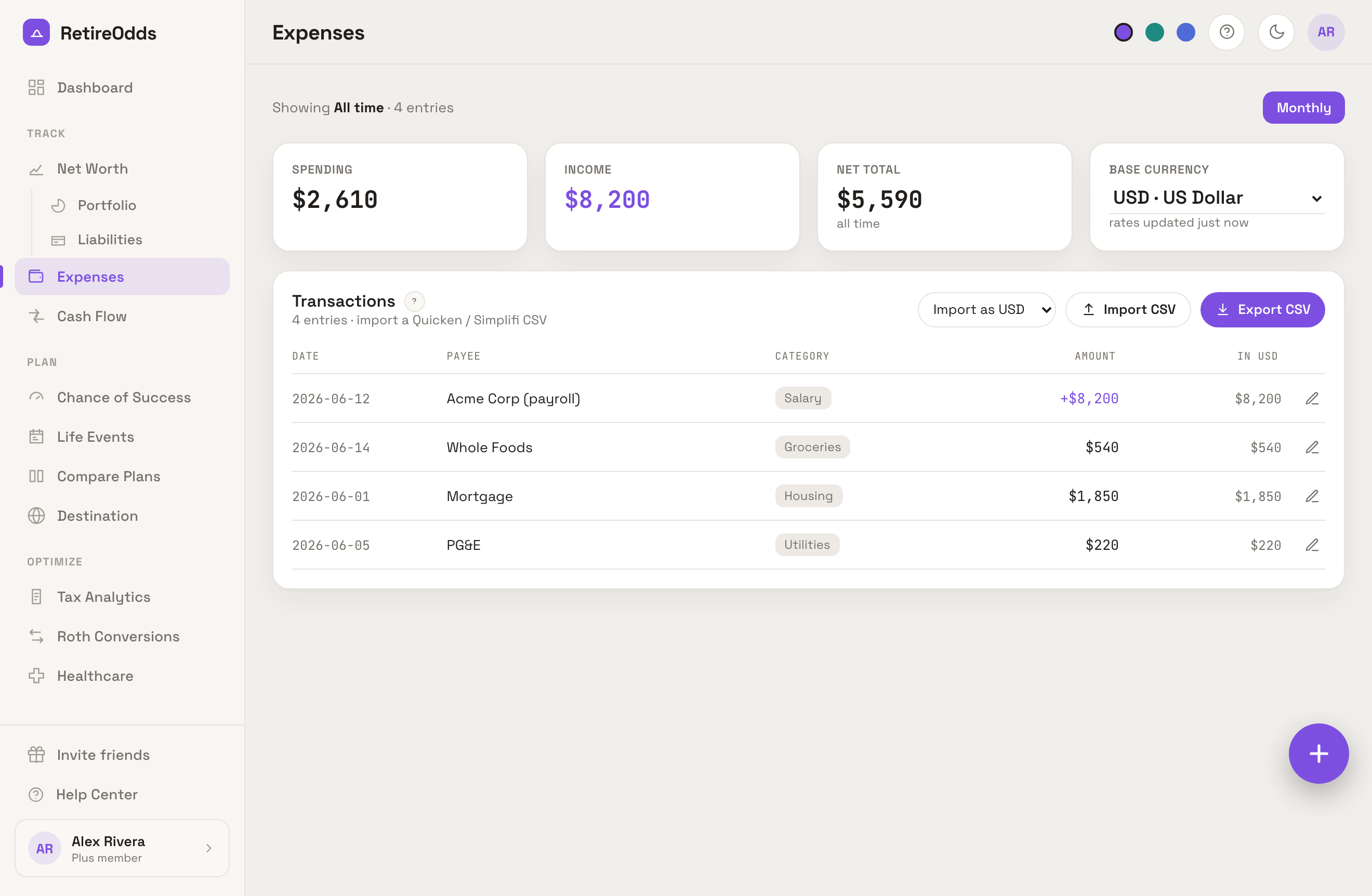 Expenses tracked in the app feed the same spending figure the simulation uses — the plan is grounded in what you actually spend, not a number you guessed once.
